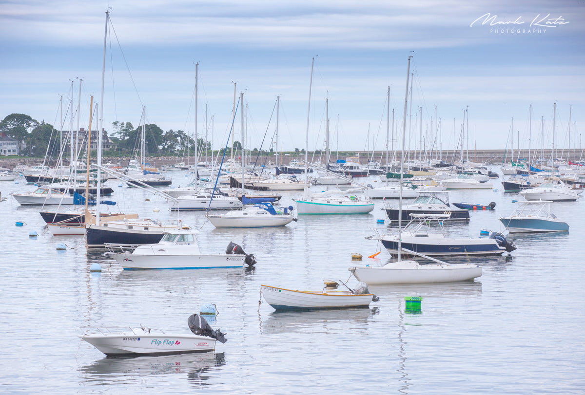 Marblehead harbor full of anchored boats, coastal fine art photography capturing seasonal calm.