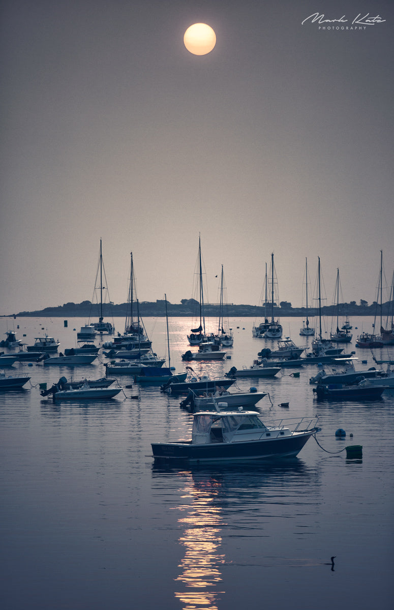 Sailboats under mysterious skies created by wildfires out west; surreal nautical fine art photography.