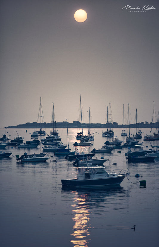 Sailboats under mysterious skies created by wildfires out west; surreal nautical fine art photography.