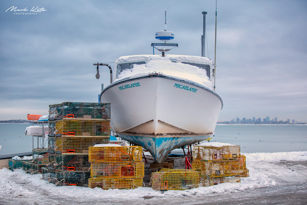 Snow-covered docks and boats in winter harbor, serene coastal winters fine art photography for seasonal decor.