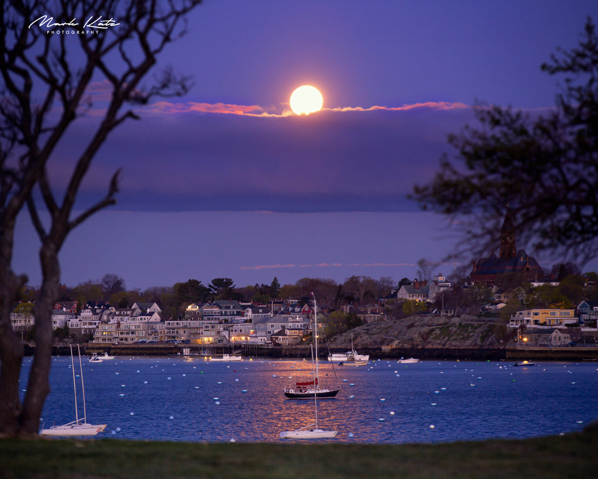 Moonlight illuminating Marblehead harbor, dramatic nautical fine art moonscape photography for wall decor.