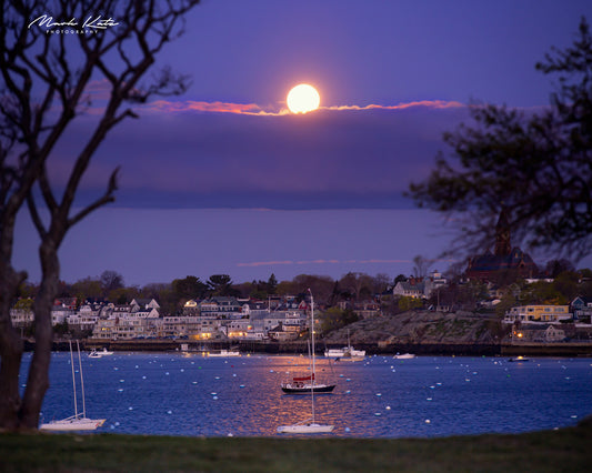 Moonlight illuminating Marblehead harbor, dramatic nautical fine art moonscape photography for wall decor.