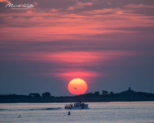 Bright sun rising like fireball over horizon, dynamic fine art seascape photography for dramatic spaces.