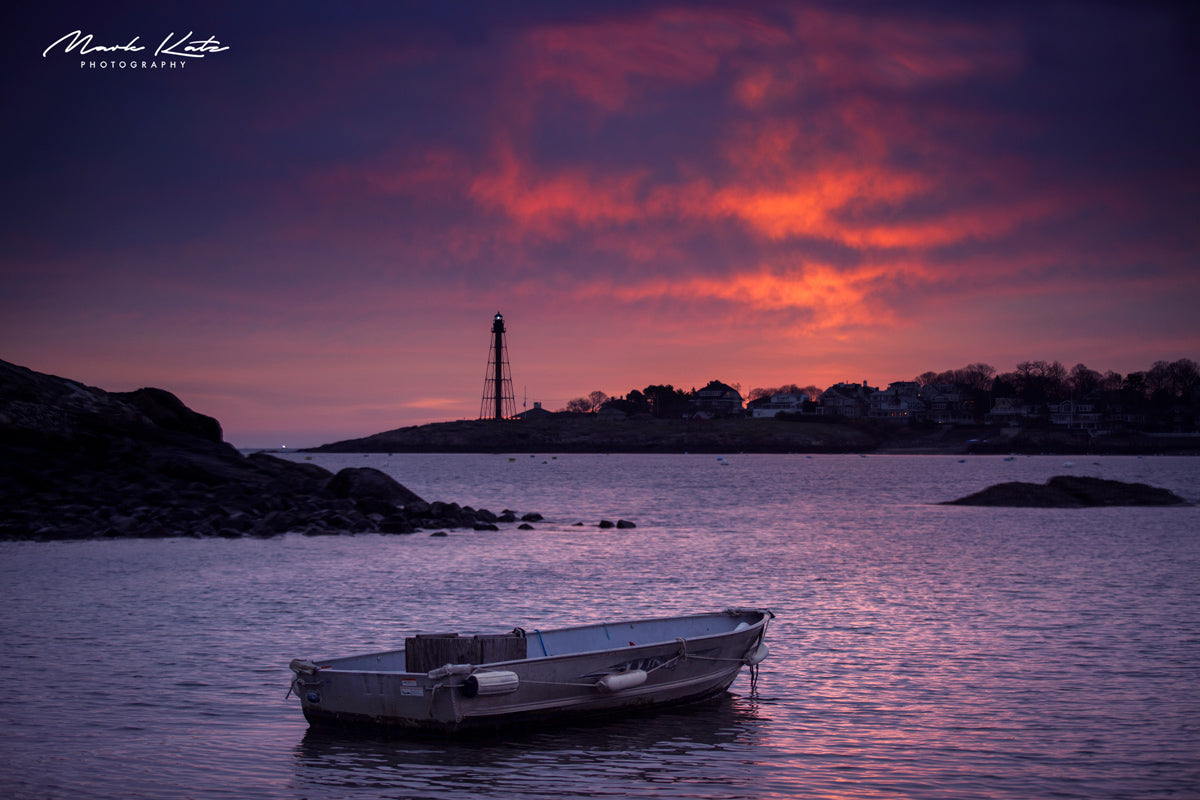 Small dinghy boat floating at dock during purple sunset, calm nautical fine art photography for wall art.